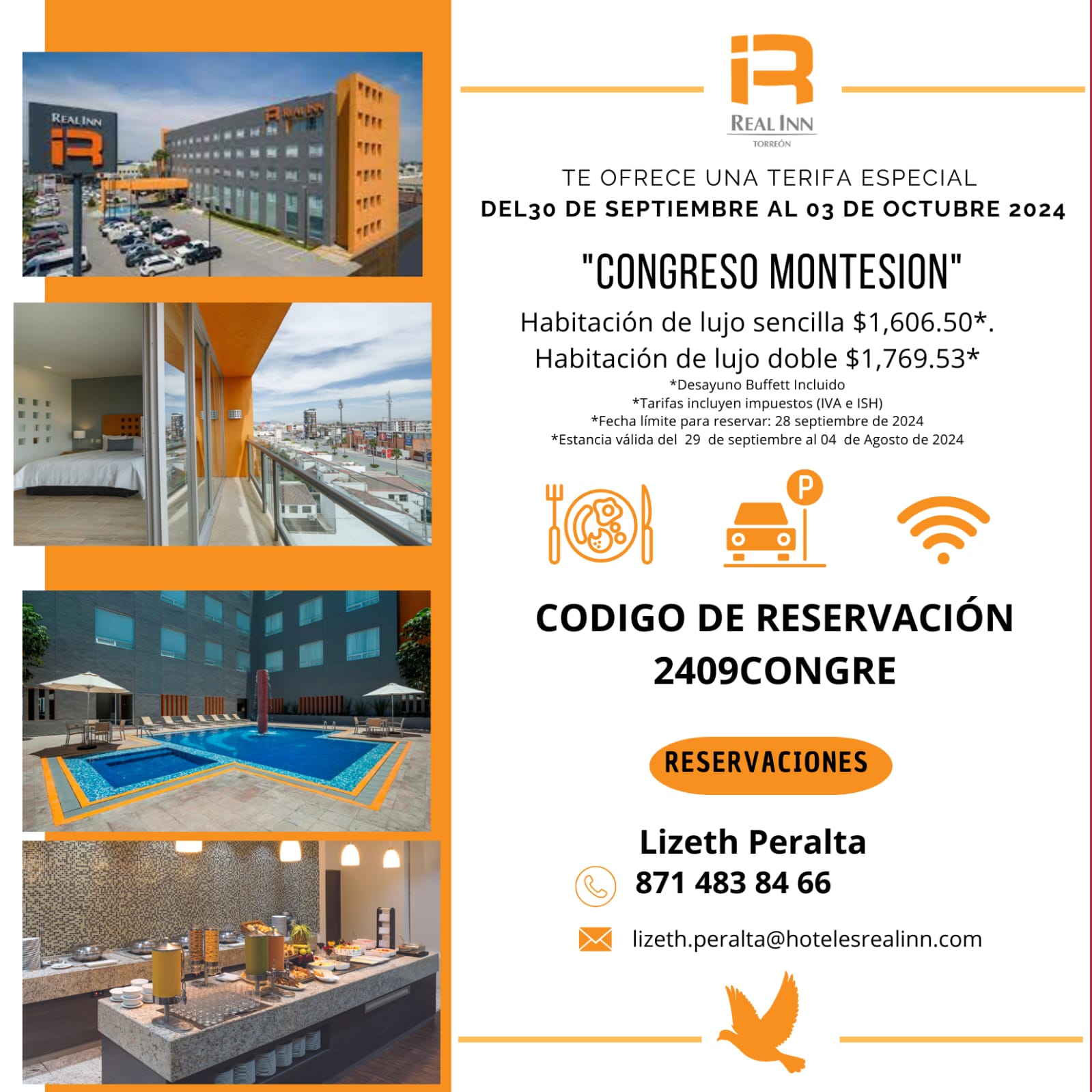 imagen publicitaria del hotel Real Inn, con detalles de precio e información de contacto